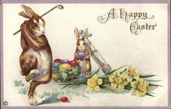 Two Bunnies Playing Golf Postcard Postcard Postcard