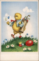 Chick Playing Golf with Easter Eggs Postcard Postcard