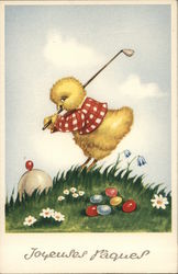 Baby Chick Golfing with Jellybeans Postcard Postcard