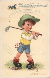 Little Boy in Big Green Hat Golfing Postcard