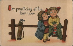 Children Sitting on Fence with Golf Clubs Postcard