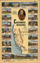 Fray Juniper Serra 1713-1784 and a Map Showing Locations of the California Missions Maps Postcard Postcard Postcard