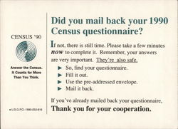 1990 U.S. Census Reminder/Thank You from U. S. Commerce Dept. Modern (1970's to Present) Postcard Postcard Postcard