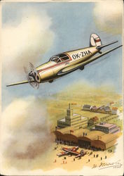 Plane Tagged OK-ZHA Flying Over Airfield Postcard