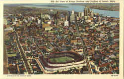 Air View Of Briggs Stadium And Skyline Of Detroit Michigan Postcard Postcard