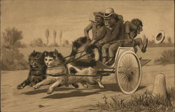 Monkey's Riding Cart Pulled by Cats Postcard