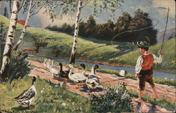 Boy Walking with Ducks Near Water Postcard