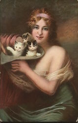 Woman Holding Several Kittens Postcard