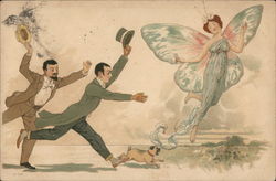 Men and dog Catching a Fairy Fantasy Postcard Postcard