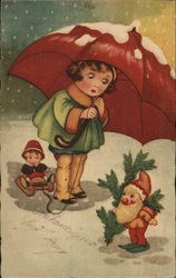 Art Deco Girl in Snow Holding Umbrella with Elf Girls Postcard Postcard