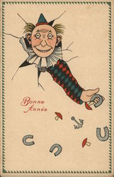 Art Deco Bonne Annee - Pierrot with Head Through Card Tossing Horseshoes New Year's Postcard Postcard