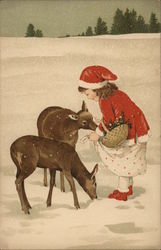 Art Deco Young Girl Petting Deer in the Snow Postcard