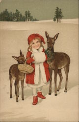 Art Deco Girl With Muff and Deer Girls Postcard Postcard