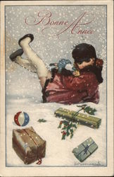 Art Deco Girl Falling Dropping Packages New Year's Postcard Postcard