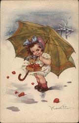 Art Deco Cute Little Girl with Basket and Umbrella Girls Postcard Postcard