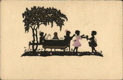 Silhouette of Girls Playing Outdoors Silhouettes Postcard Postcard