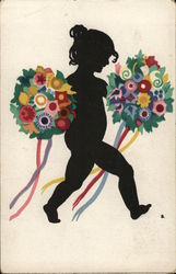 Silhouette of Girl With Flower Bouquets Postcard