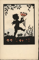 Silhouette of Cupid with Tulips Silhouettes Postcard Postcard