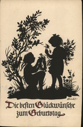 Silhouette of Two Girls Playing Near Bush Postcard