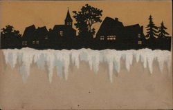 Silhouette of Village In Winter Time Postcard