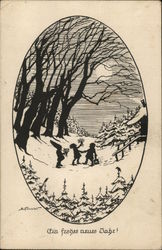 Silhouette of Children, Gnome in Snow Silhouettes Postcard Postcard