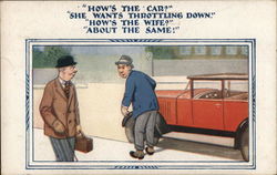 Two Men Chatting About Cars and Wives Comic, Funny Postcard Postcard