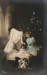 Girl Playing With Dolls Christmas Tree Postcard