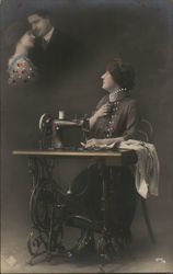 Woman at Sewing Machine Daydreaming of her Man Postcard