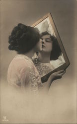 Woman Kissing Mirror Women Postcard Postcard