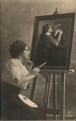 Woman Painting Couple's Portrait Postcard