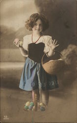 Art Deco Cute Girl with Basket of Colored Eggs With Children Postcard Postcard