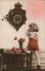 Art Deco Child Posing With Clock and Flowers Children Postcard Postcard