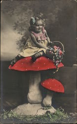 Art Little Girl Sitting Atop Mushroom Holds Flower Basket Girls Postcard Postcard