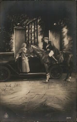 Man on Horse Greeting Woman in Car Couples Postcard Postcard