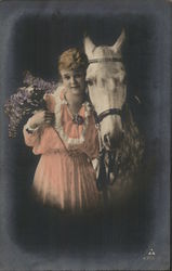 A Woman with A White Horse Horses Postcard Postcard