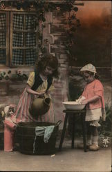 Girls Playing with Wash Basin Postcard Postcard