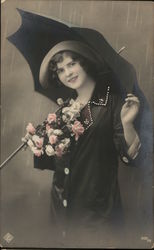 Tinted Woman With Black Umbrella and Pink Bouquet Women Postcard Postcard