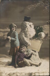 Art Deco Kids with Snowman Postcard