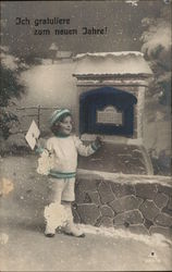 Boy in White Shorts Near Mailbox in Snow Postcard