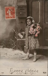 Girl Carrying Roses Mailing Letter Postcard