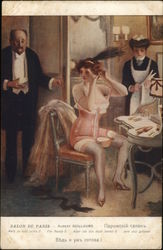 Woman in Corset at Dressing Table, Man and Maid Nearby Artist Signed Postcard Postcard