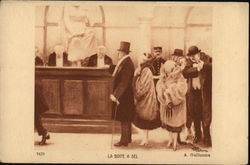 French People Waiting in Line Artist Signed Postcard Postcard