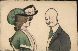 Bald Man Smiling at Woman in Green Dress and Hat Postcard