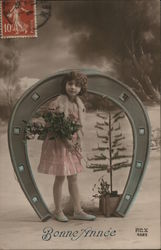 Girl Posing with Tree and Horseshoe Postcard