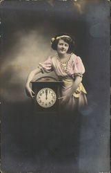 Woman Standing Next to Clock Women Postcard Postcard