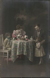 A Man, Woman and 2 Kids Having Tea Coffee & Tea Postcard Postcard