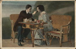 Man Feeding a Woman, Having Tea Couples Postcard Postcard