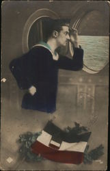 Foreign Sailor Looking Out Porthole Navy Postcard Postcard