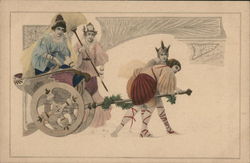 Men Pulling Women in Chariot Postcard