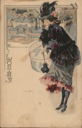 French Woman Carrying Hat Box Postcard